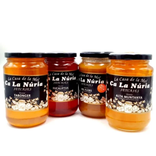 Cuatro frascos de miel de la marca "Ca La Núria", cada uno con etiquetas negras y detalles dorados. Los frascos son de diferentes tipos de miel: Taronger (naranja), Eucaliptus (eucalipto), Mil Flors (mil flores) y Alta Muntanya (montaña).